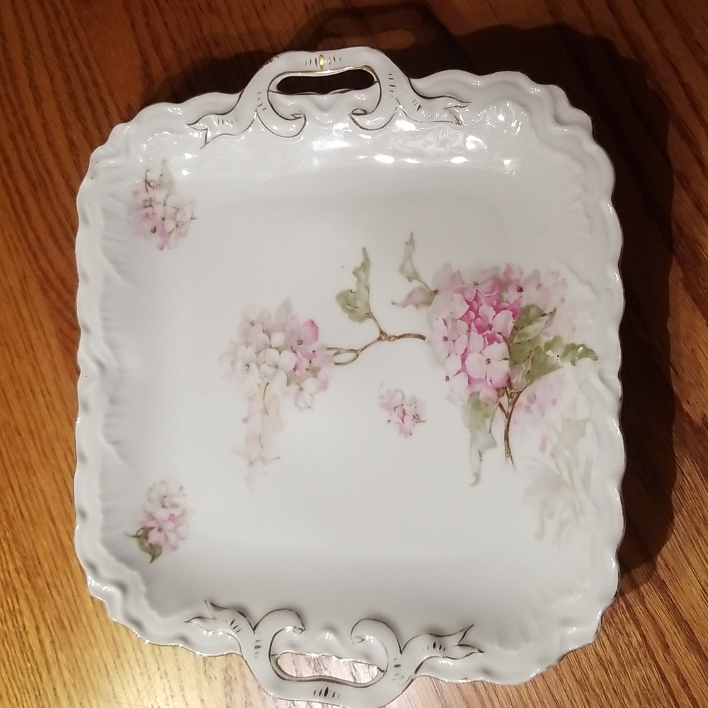 PM Bavaria Gold Edged Two Handled Porcelain Tray with Hydrangea Design